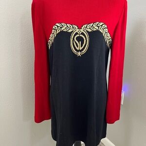 St. John Collection Marie Gray Knit Tunic Dress Red Black Gold Crest Size L